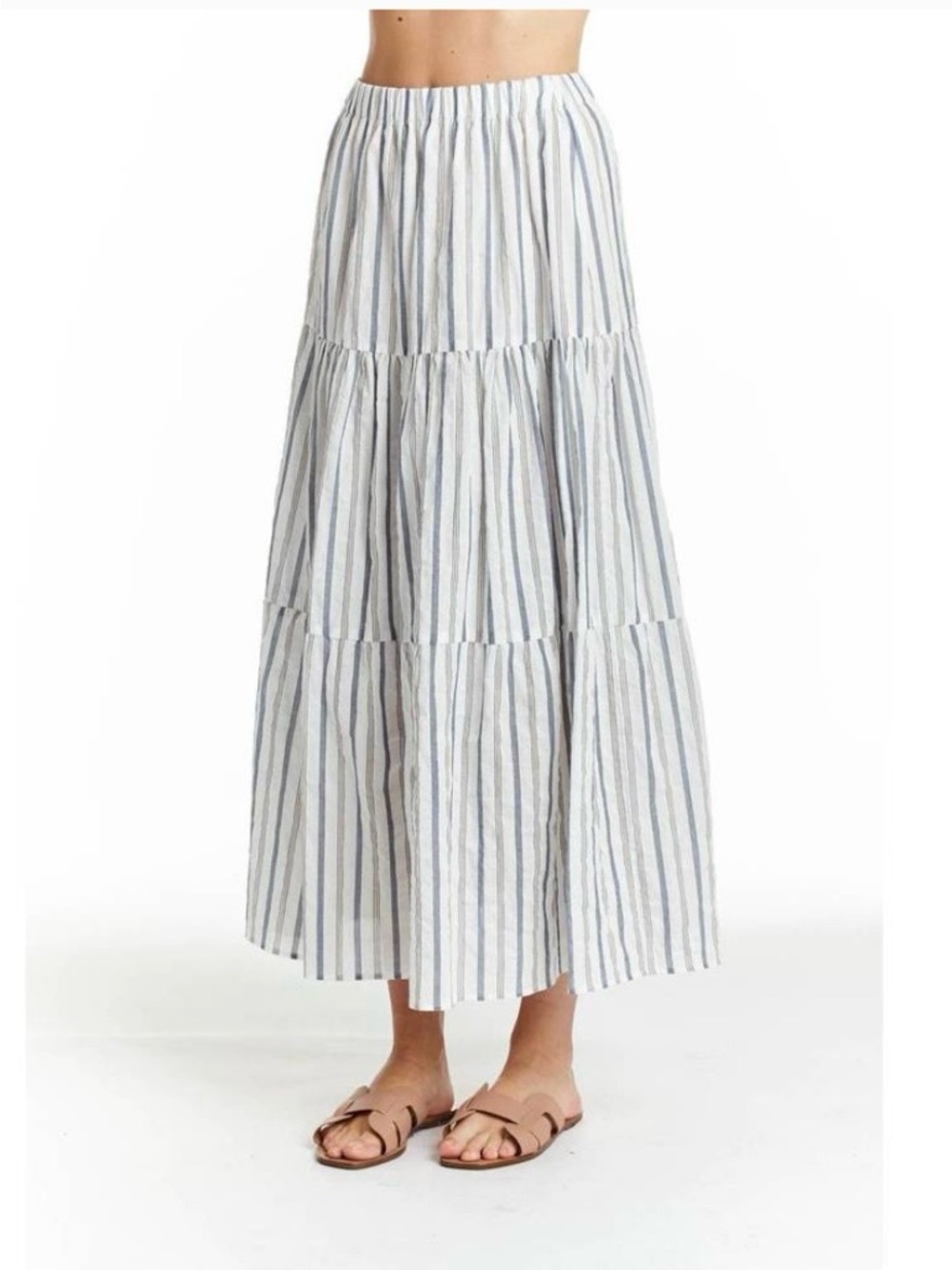 NWT Drew Charlotte Tiered Maxi Skirt. White/blue/tan. Size Medium.